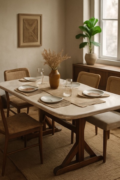 dining table, wooden dining table, kitchen table, dining room furniture, farmhouse table, lifestyle, minimalist, calm, warm, neutral, brown